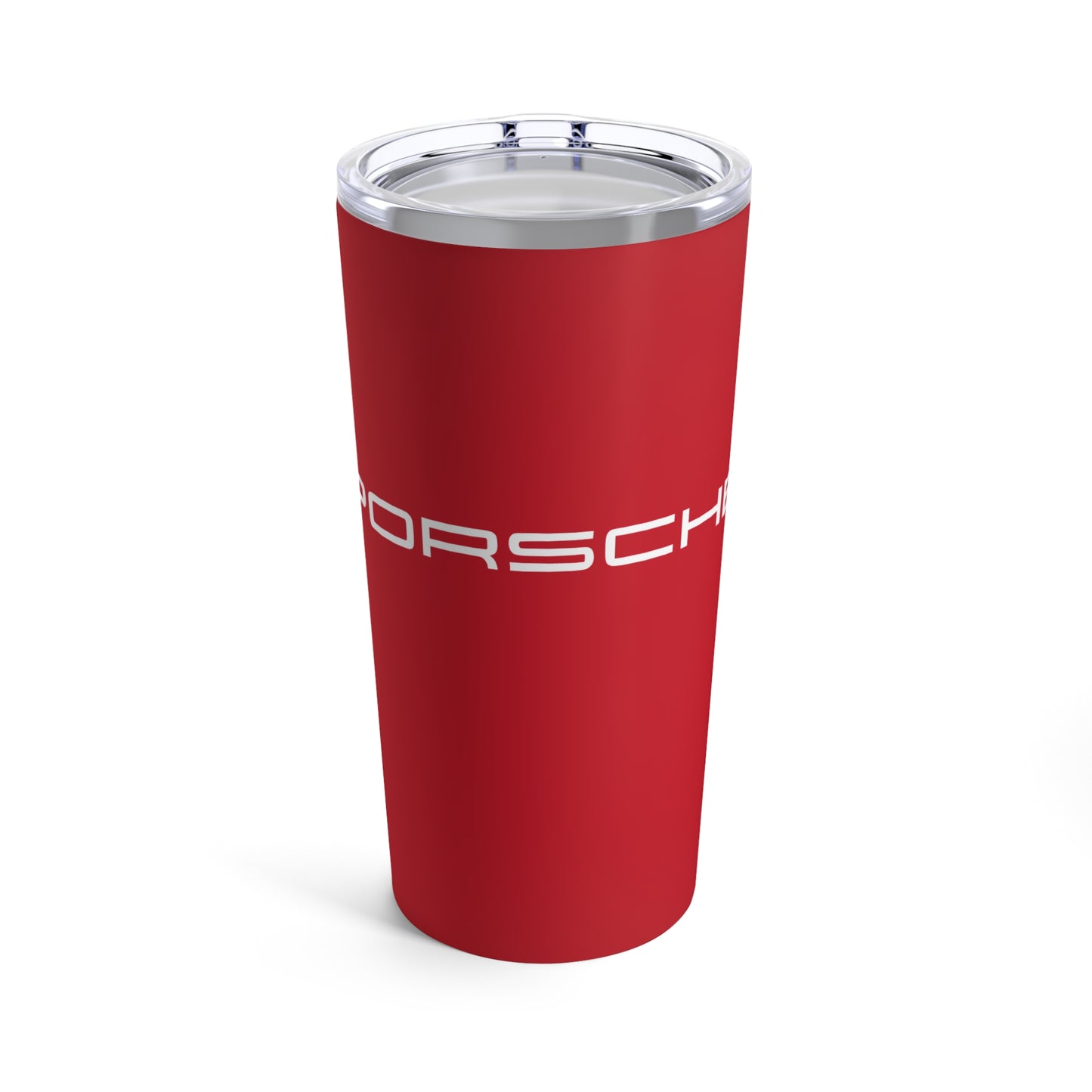 Front view of the Guards Red tumbler with Porsche logo in white, featuring a stainless steel interior and clear lid. Porsche collectibles in Guards Red
