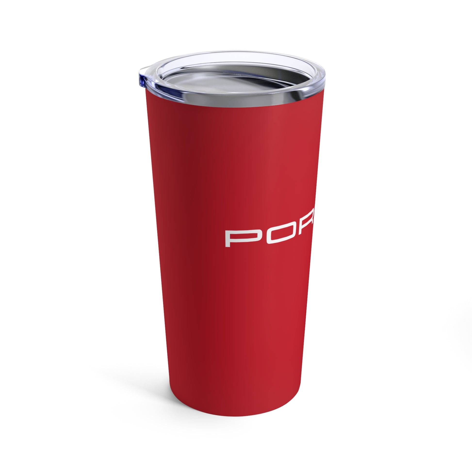 Left view of the Guards Red tumbler with Porsche logo in white, featuring a stainless steel interior and clear lid. Porsche-inspired drinkware in Guards Red paint color
