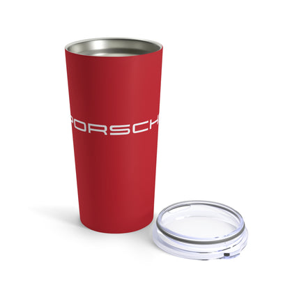 Opened view of the Guards Red tumbler with Porsche logo in white, featuring a stainless steel interior and clear lid. Best Porsche gifts for car lovers
