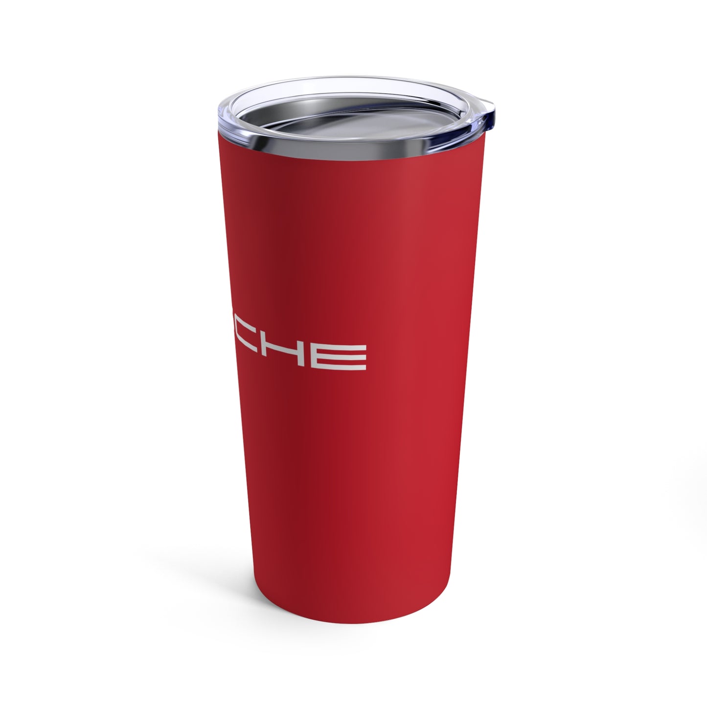 Right view of the Guards Red tumbler with Porsche logo in white, featuring a stainless steel interior and clear lid. Porsche accessories in you favorite Porsche color.