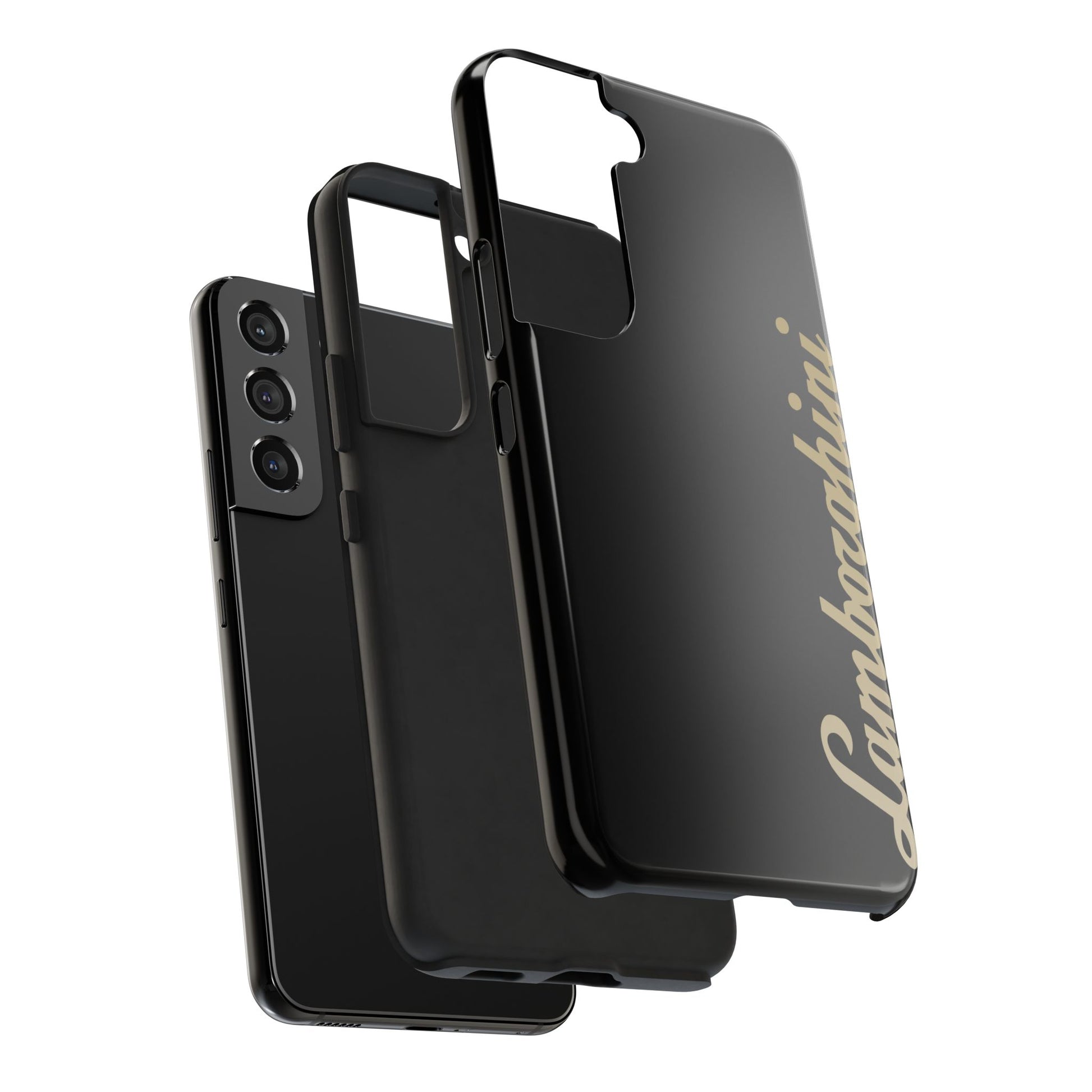 Exploded view of the Black Samsung Galaxy S22 Lamborghini phone case.