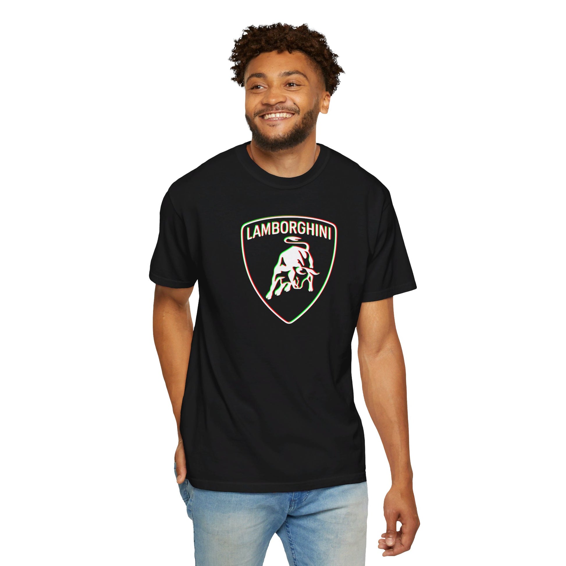 Model wearing Red/Green Accent Lamborghini Black T-shirt