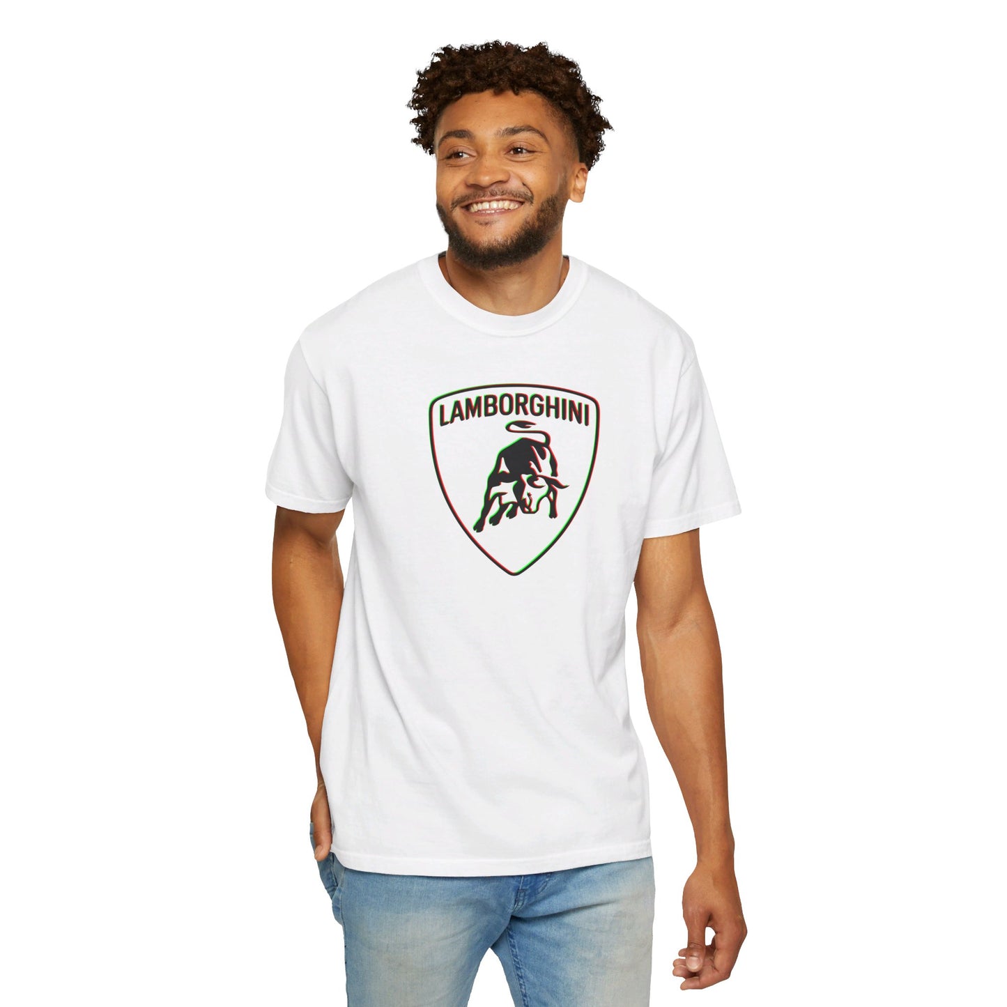 Model wearing White Red/Green Accent Lamborghini White T-shirt