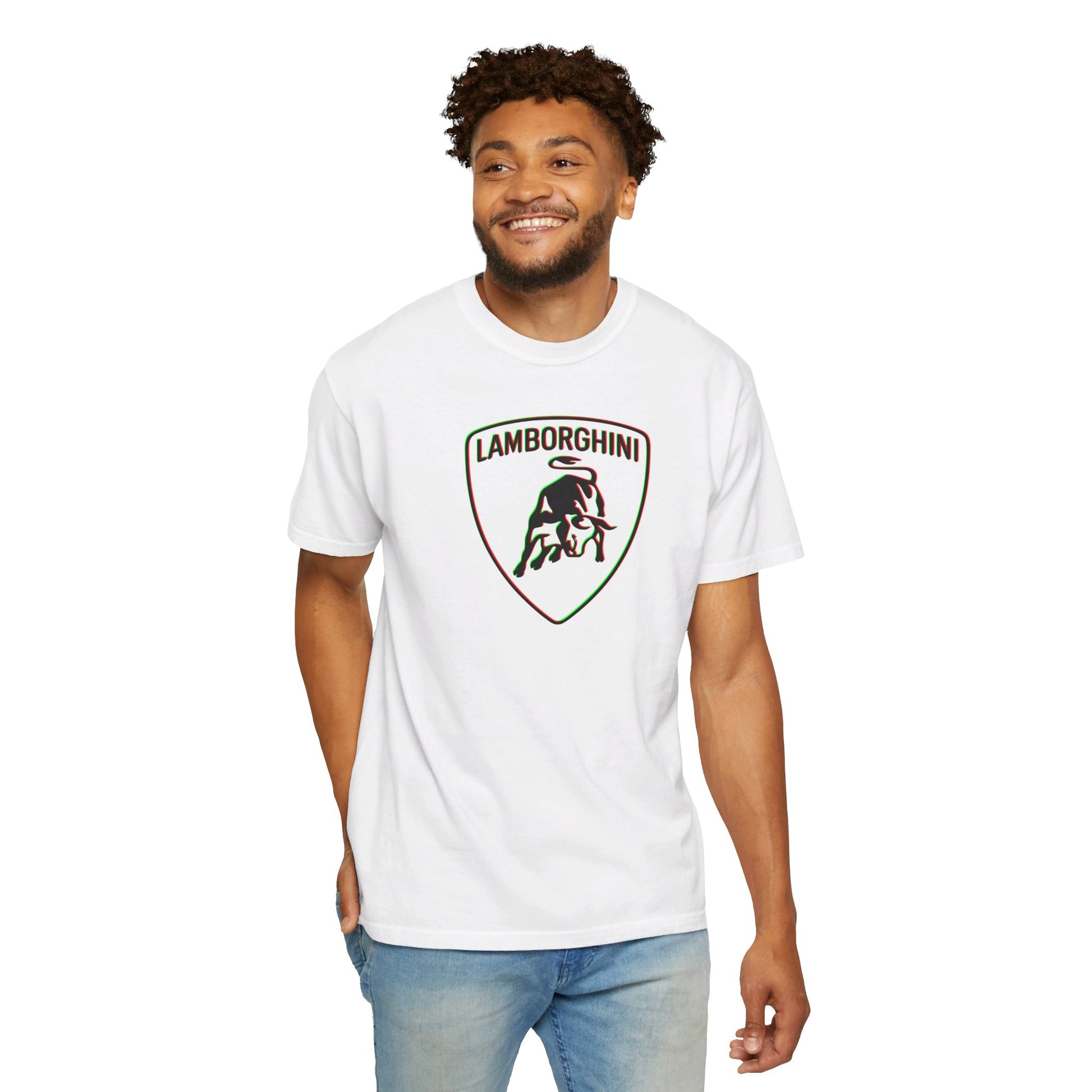 Model wearing White Red/Green Accent Lamborghini White T-shirt