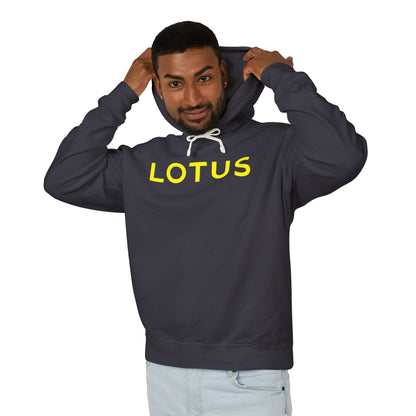 Model wearing a Black Lotus hoodie with logo in Yellow on the front, featuring a natural-colored flatcord hood.