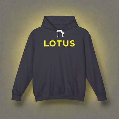 Black hoodie with Lotus logo in Yellow on the front, featuring a natural-colored flatcord hood.