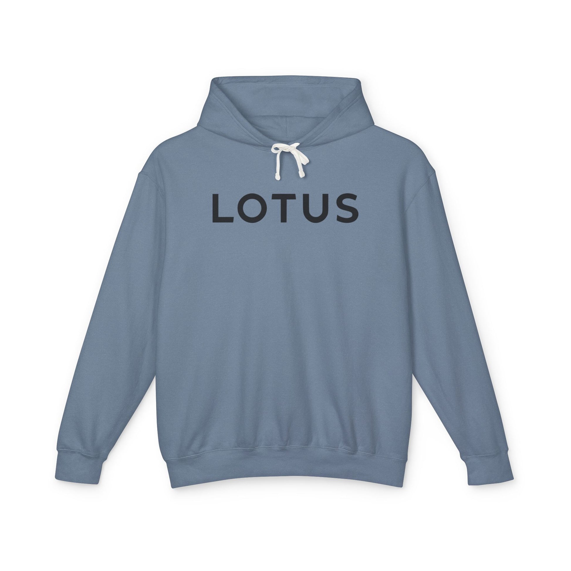 Blue Jean hoodie with Lotus logo in Black on the front, featuring a natural-colored flatcord hood.