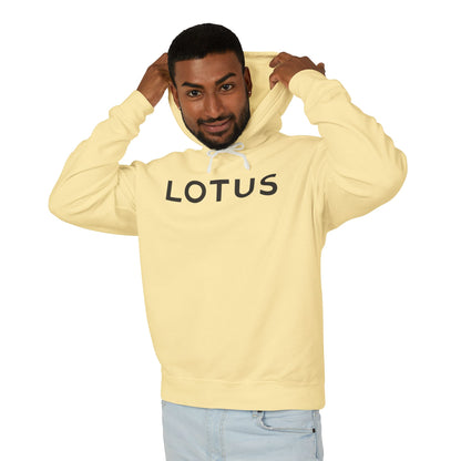 Model wearing a Butter or Pastel Yellow Lotus hoodie with logo in Black on the front, featuring a natural-colored flatcord hood.