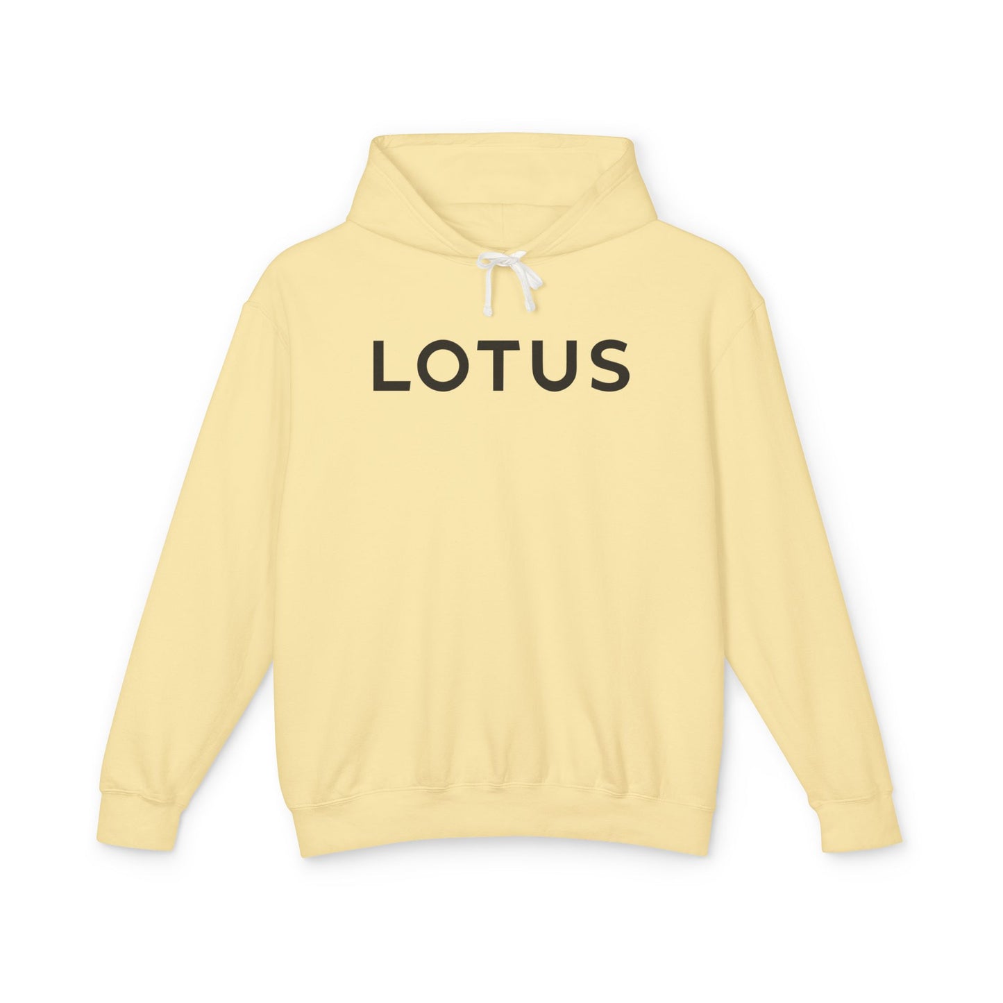 Butter or Pastel Yellow hoodie with Lotus logo in Black on the front, featuring a natural-colored flatcord hood.