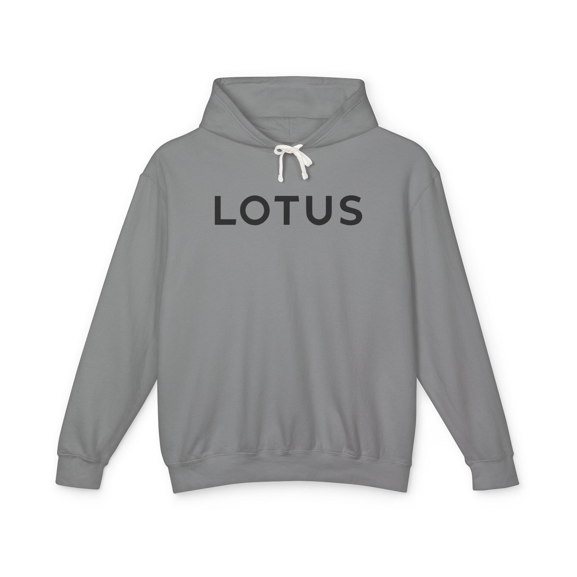 Grey hoodie with Lotus logo in Black on the front, featuring a natural-colored flatcord hood.