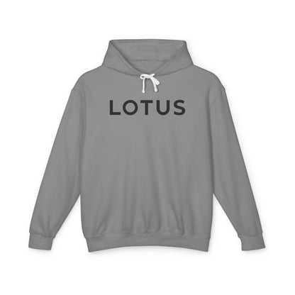 Grey hoodie with Lotus logo in Black on the front, featuring a natural-colored flatcord hood.