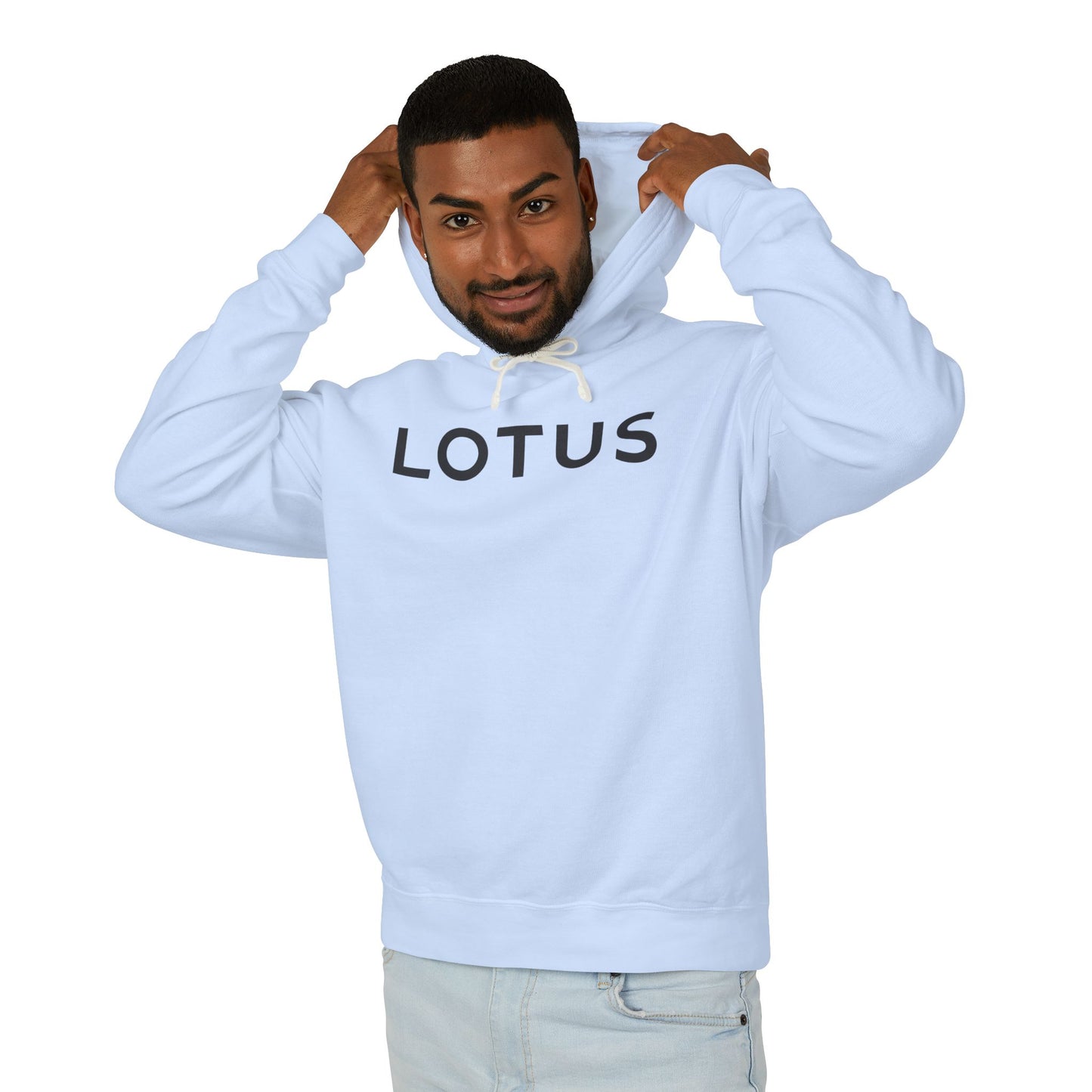 Model wearing a Hydrangea or Light Blue Lotus hoodie with logo in Black on the front, featuring a natural-colored flatcord hood.