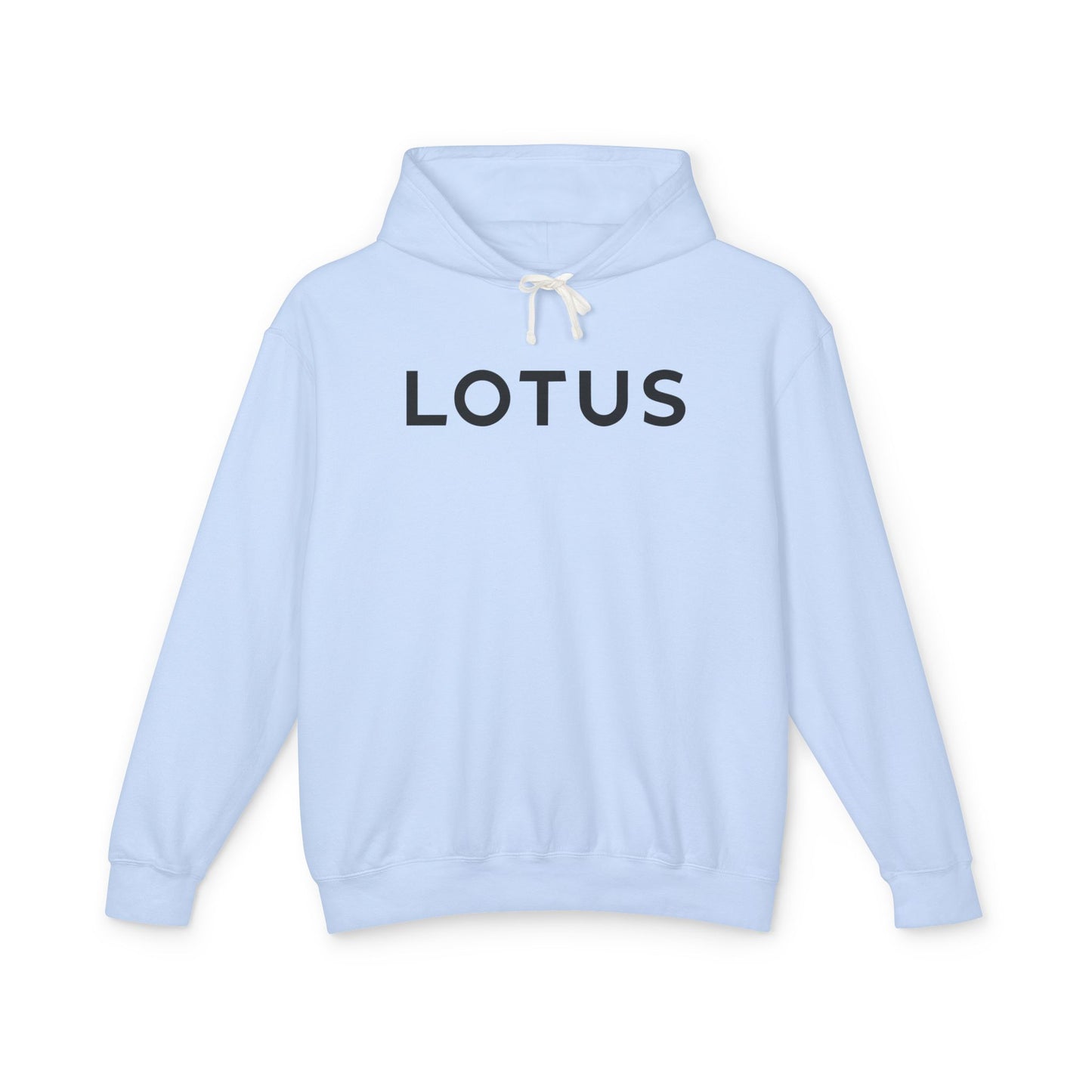 Hydrangea or Light Blue hoodie with Lotus logo in Black on the front, featuring a natural-colored flatcord hood.