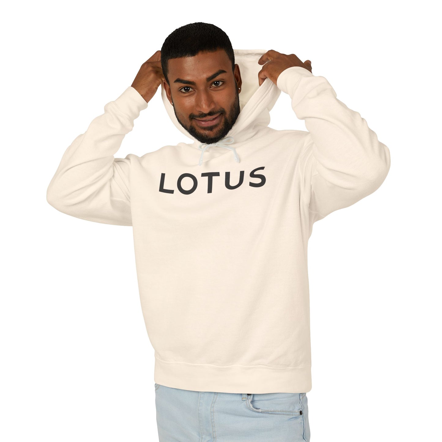 Model wearing a Ivory or Cream Lotus hoodie with logo in Black on the front, featuring a natural-colored flatcord hood.