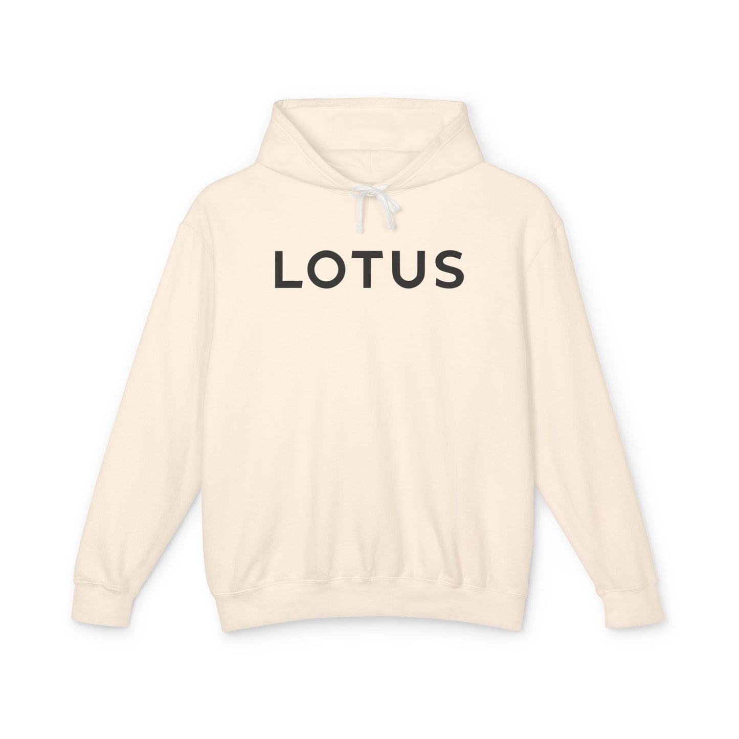 Ivory or Cream hoodie with Lotus logo in Black on the front, featuring a natural-colored flatcord hood.