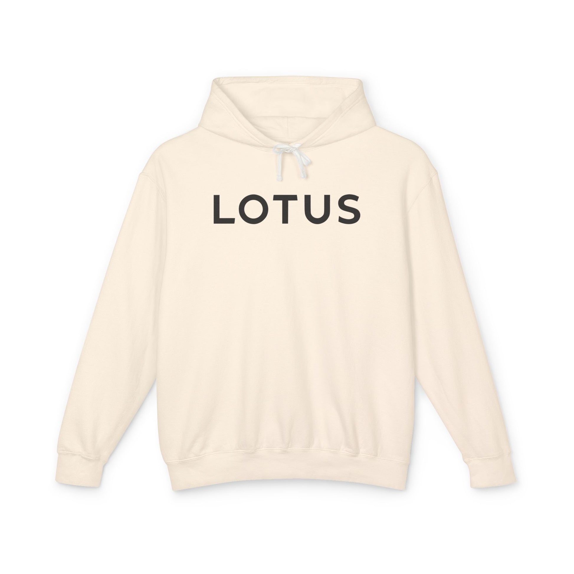 Ivory or Cream hoodie with Lotus logo in Black on the front, featuring a natural-colored flatcord hood.