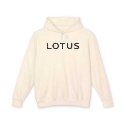 Ivory or Cream hoodie with Lotus logo in Black on the front, featuring a natural-colored flatcord hood.