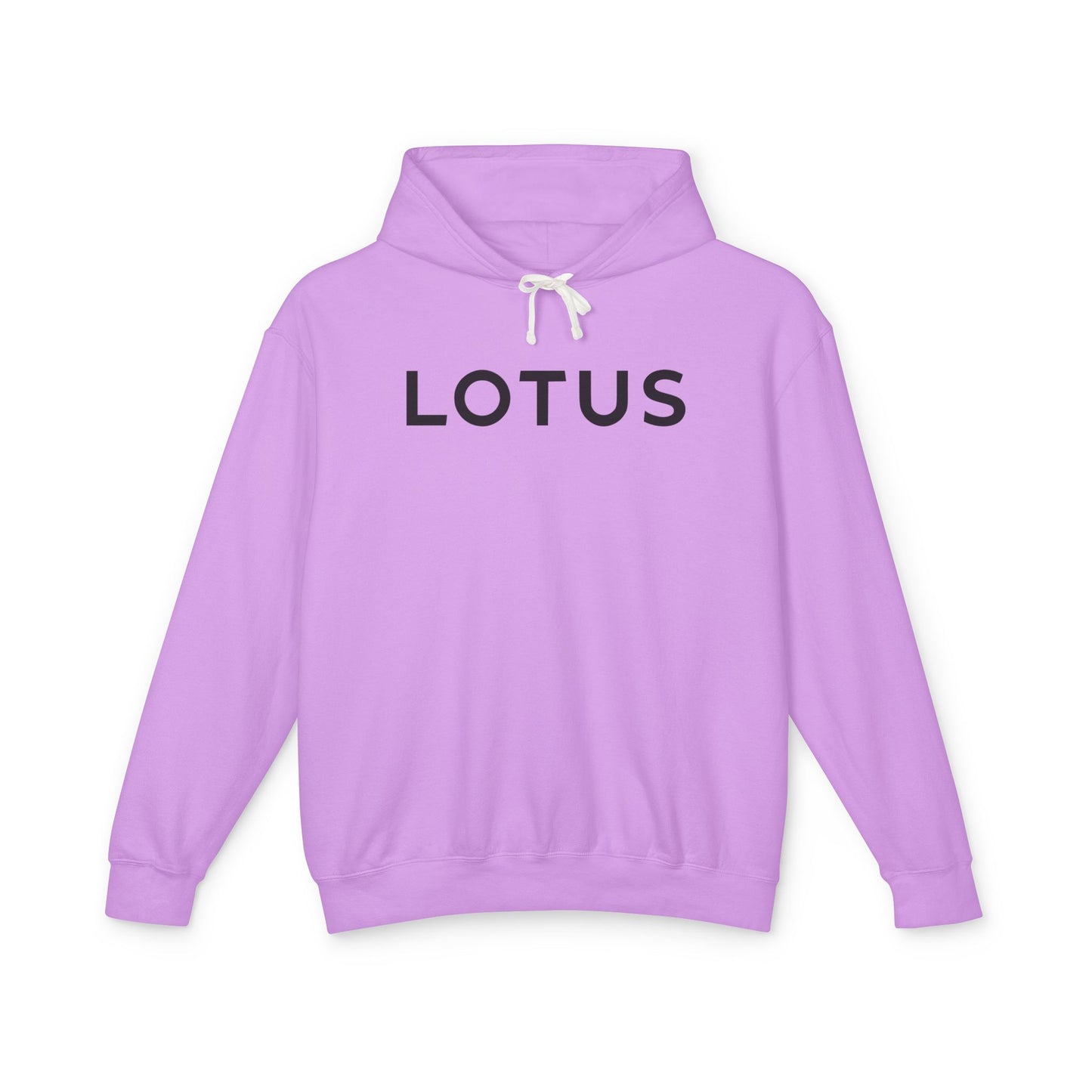 Neon Violet hoodie with Lotus logo in Black on the front, featuring a natural-colored flatcord hood.