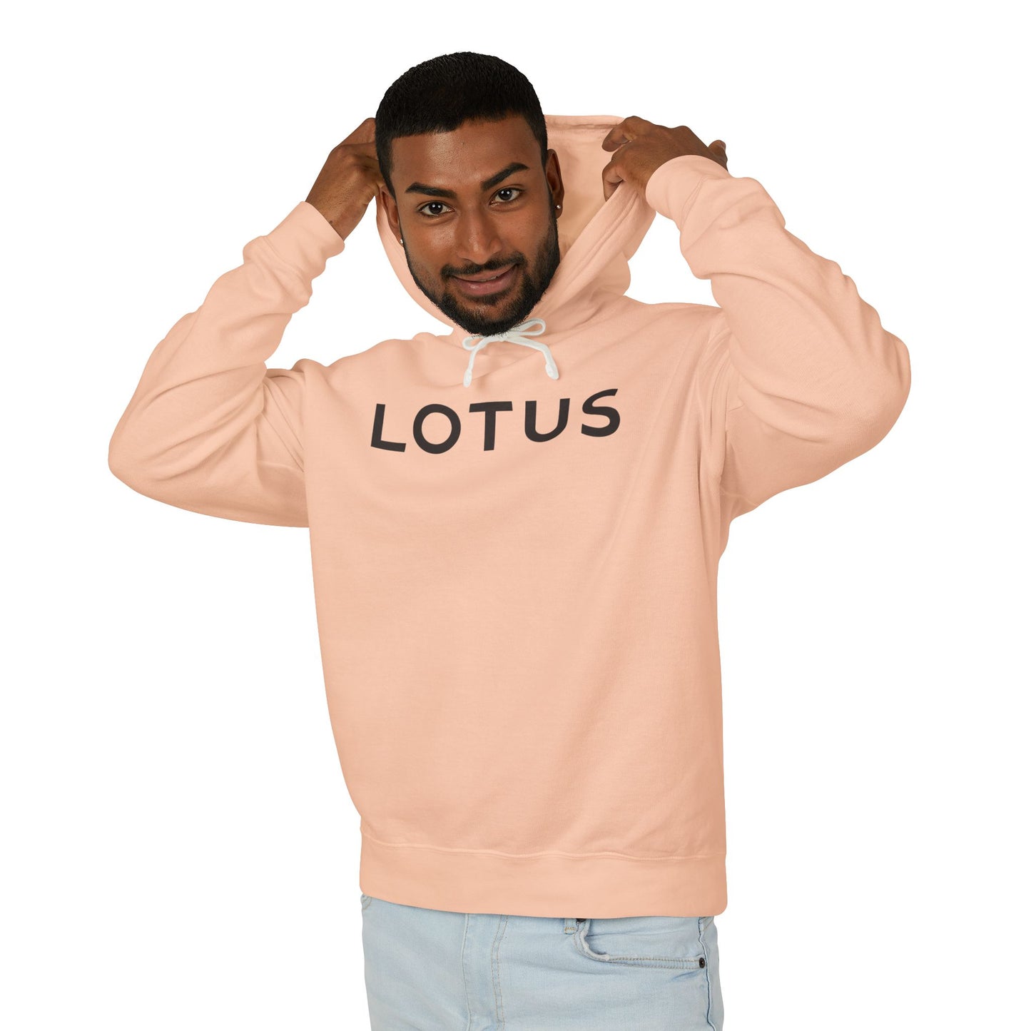 Model wearing a Peachy Lotus hoodie with logo in Black on the front, featuring a natural-colored flatcord hood.