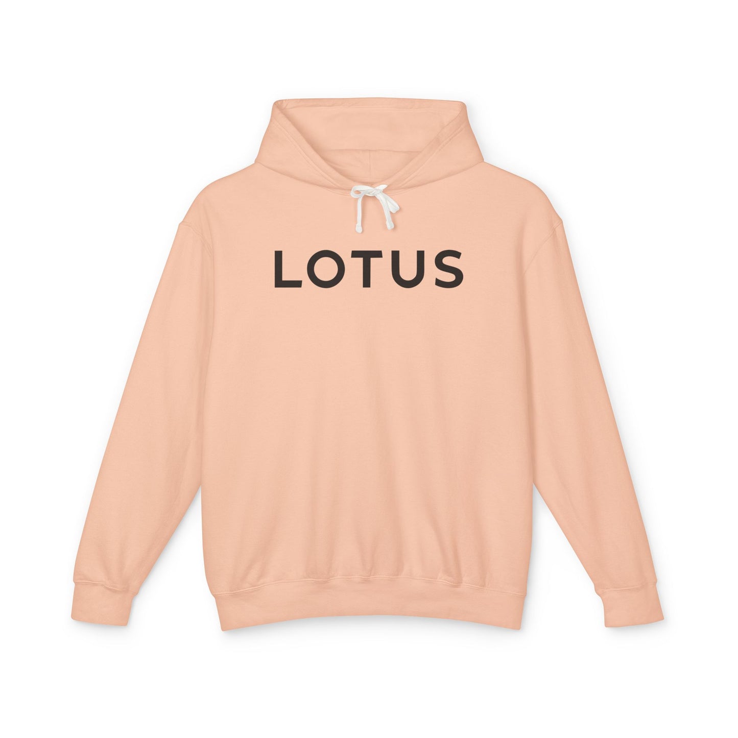 Peachy hoodie with Lotus logo in Black on the front, featuring a natural-colored flatcord hood.