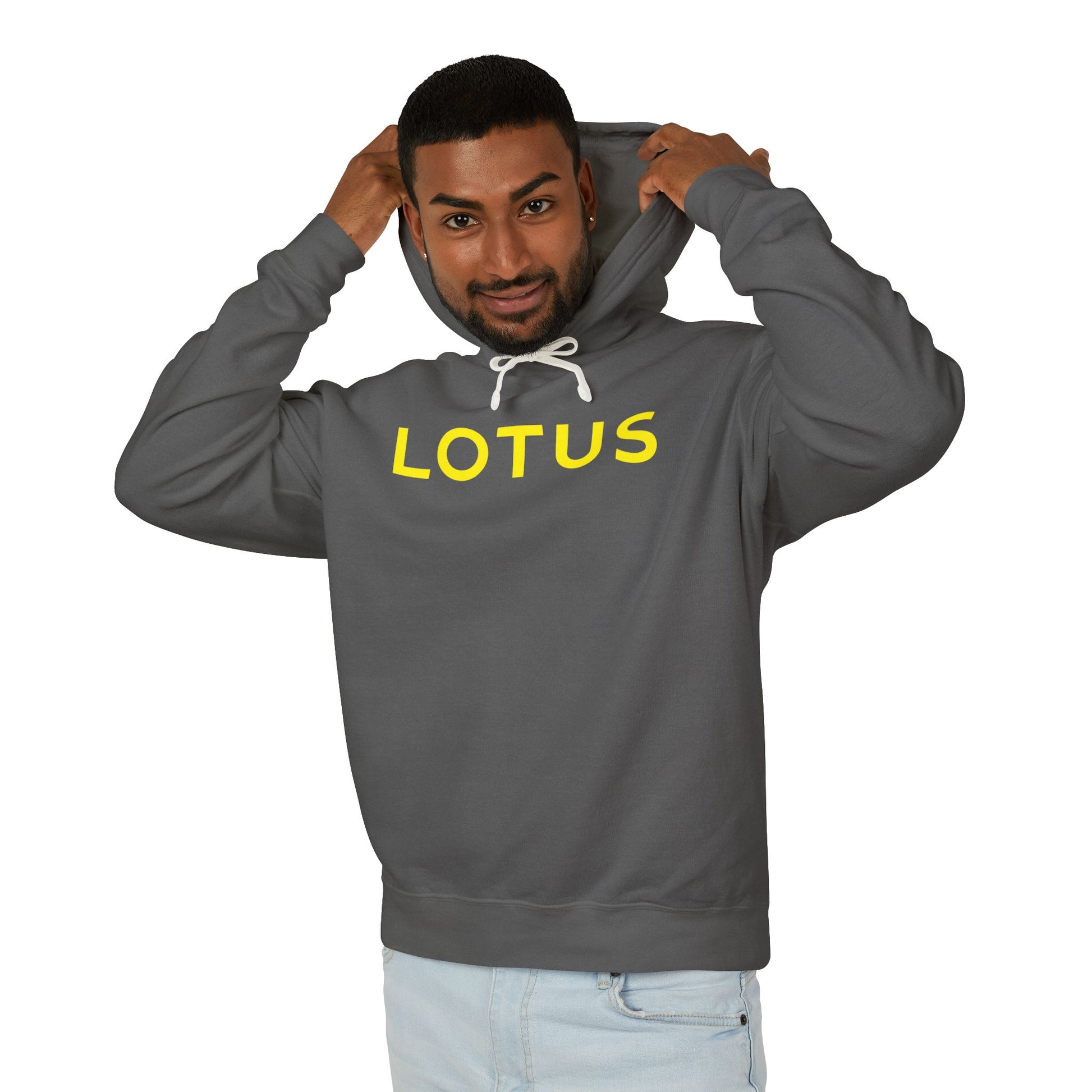 Model wearing a Pepper or Dark Grey Lotus hoodie with logo in Yellow on the front, featuring a natural-colored flatcord hood.