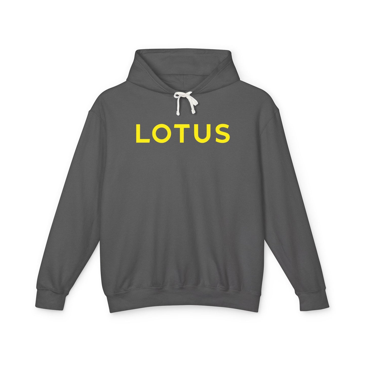 Pepper or Dark Grey hoodie with Lotus logo in Yellow on the front, featuring a natural-colored flatcord hood.