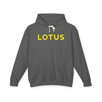 Pepper or Dark Grey hoodie with Lotus logo in Yellow on the front, featuring a natural-colored flatcord hood.