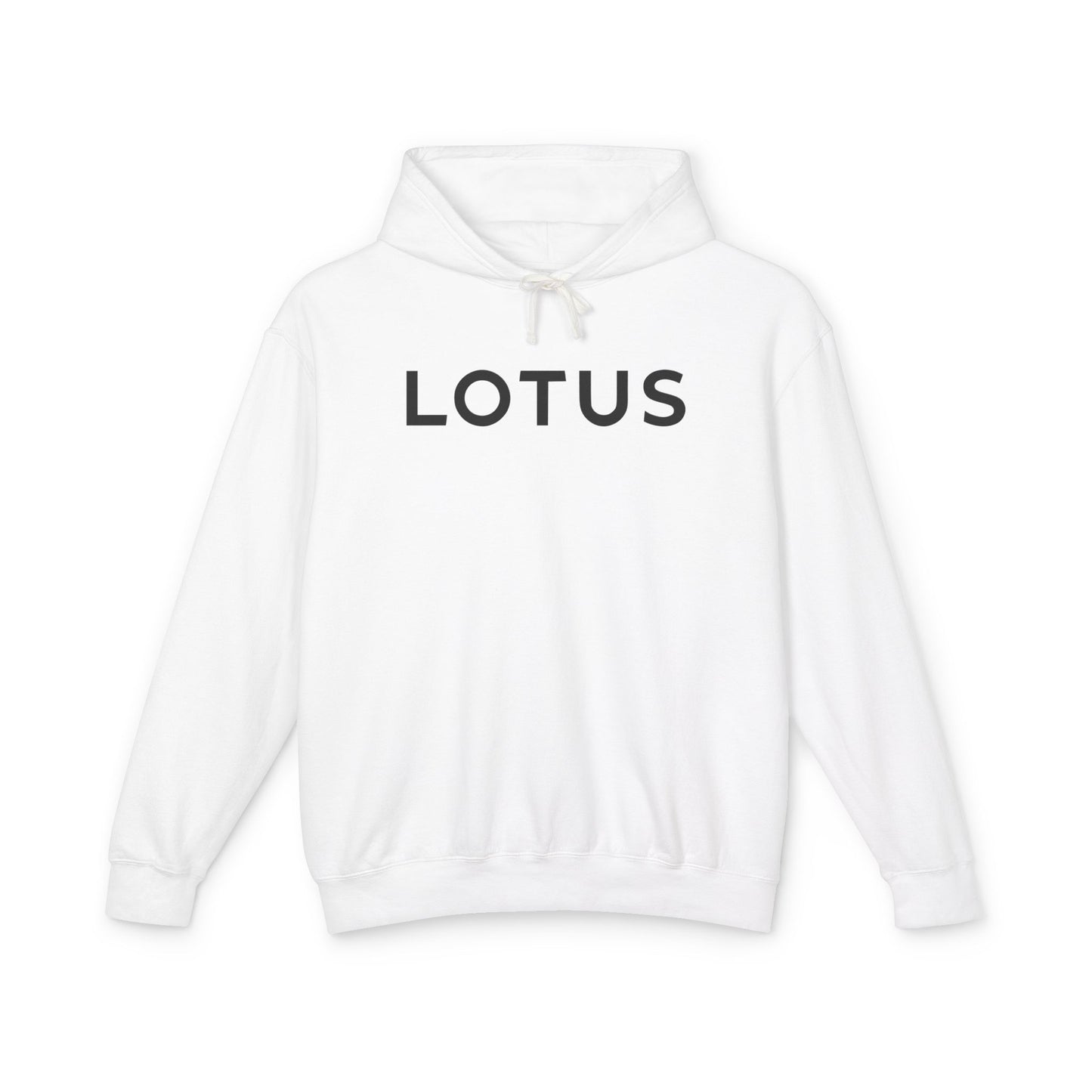 White hoodie with Lotus logo in Black on the front, featuring a natural-colored flatcord hood.