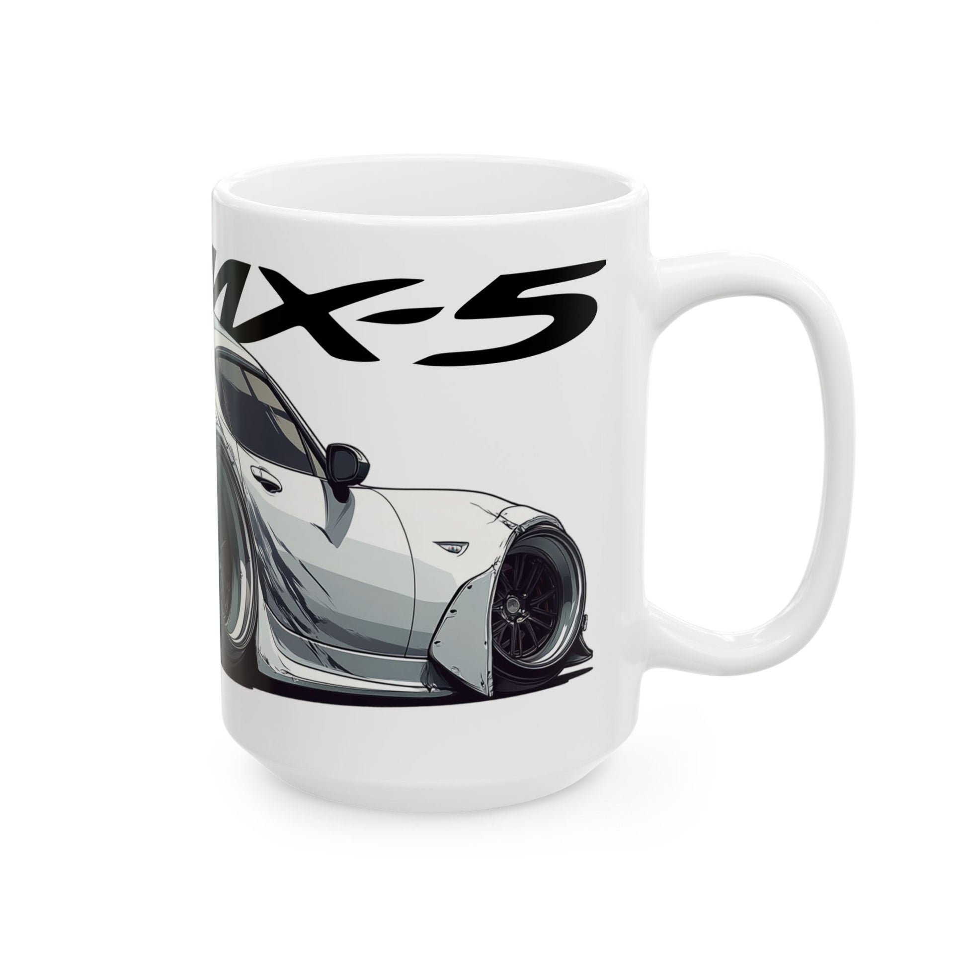 Right side view of the 15oz White Coffee Mug with a Mazda MX-5 with the MX-5 emblem placed behind the car. 