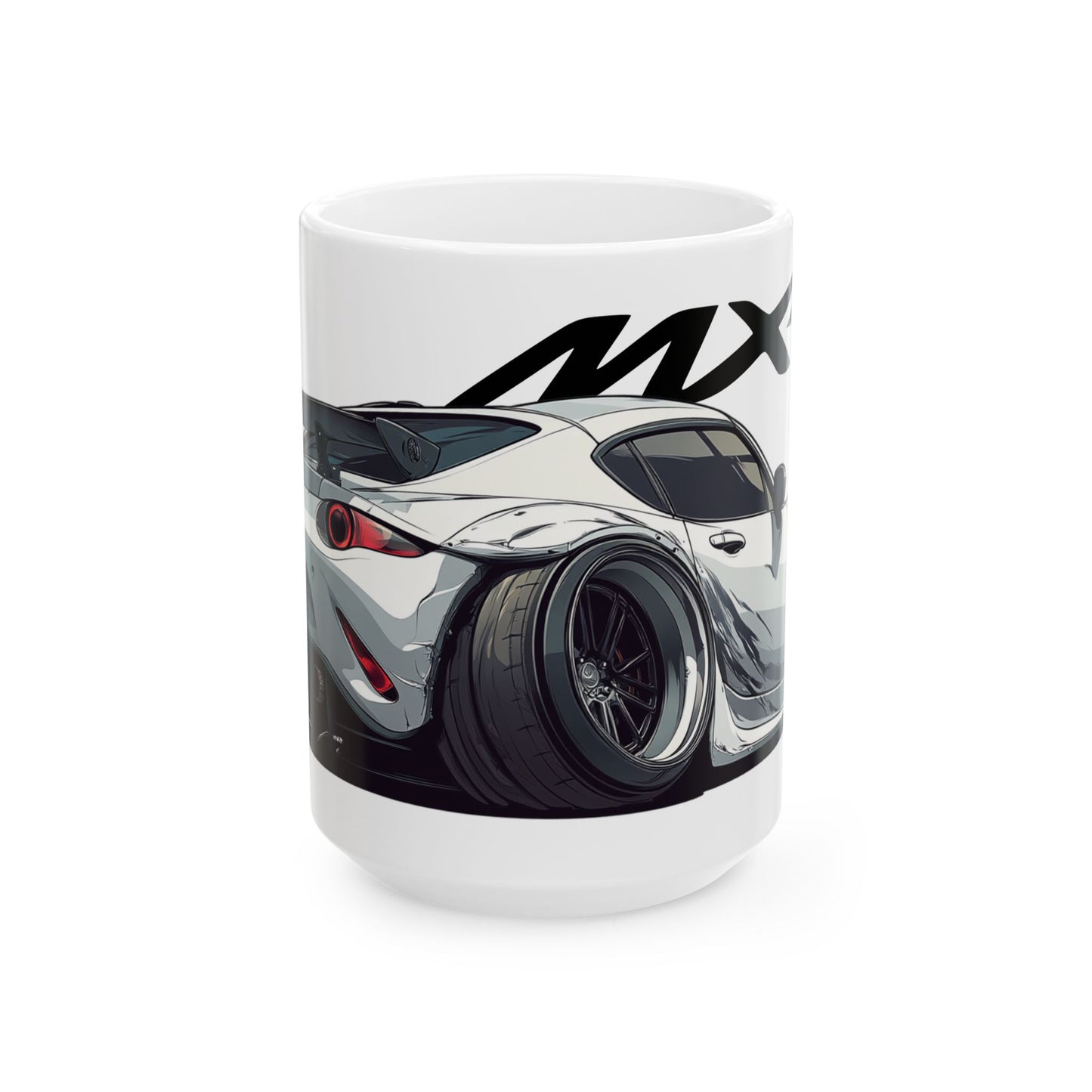 15oz White Coffee Mug with a Mazda MX-5 with the MX-5 emblem placed behind the car.   