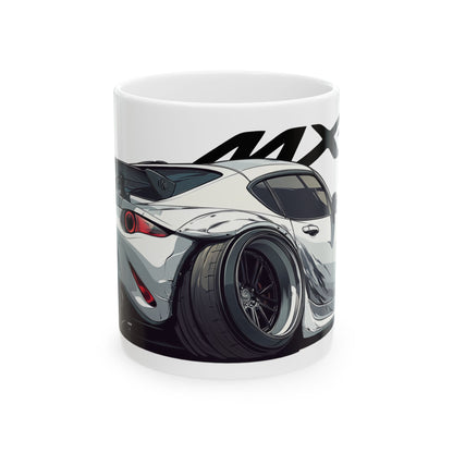 11oz White Coffee Mug with a Mazda MX-5 with the MX-5 emblem placed behind the car. 