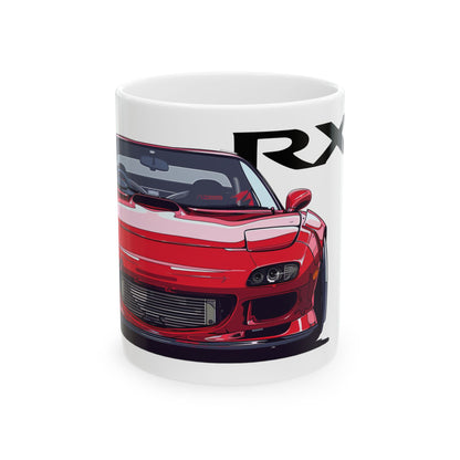 11oz White Coffee Mug with a Mazda RX-7 with the RX-7 emblem placed behind the car. 