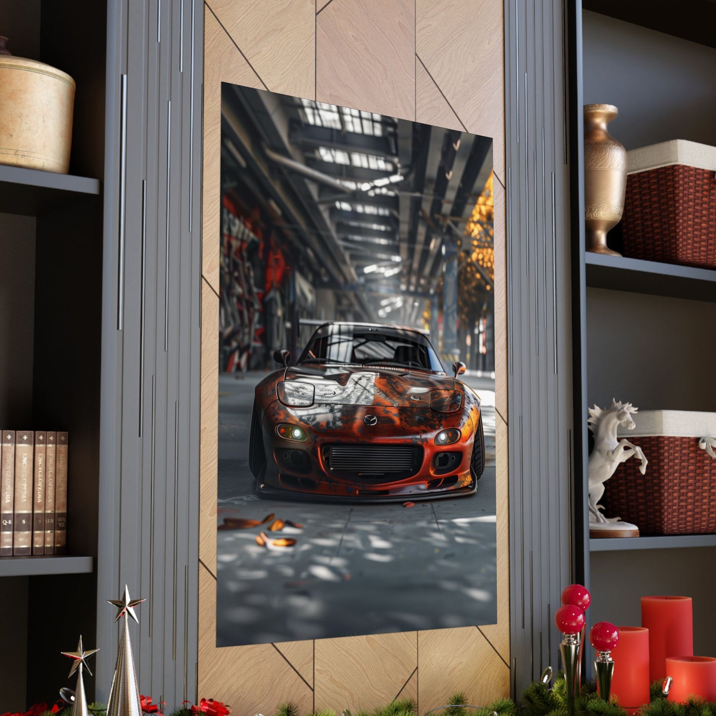 Mazda RX-7 poster on festive wall