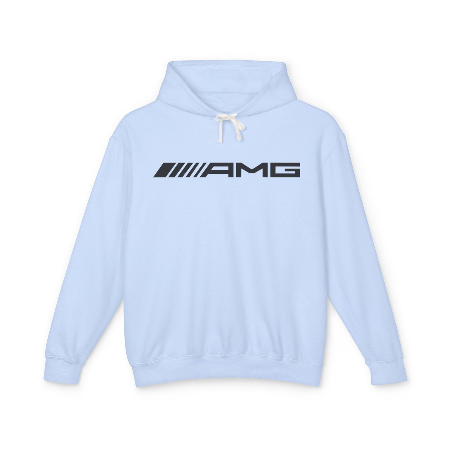 Light blue hoodie with AMG logo in black on the front, featuring a natural-colored flatcord hood.