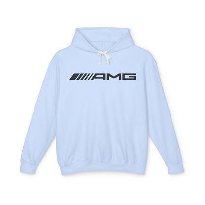 Light blue hoodie with AMG logo in black on the front, featuring a natural-colored flatcord hood.