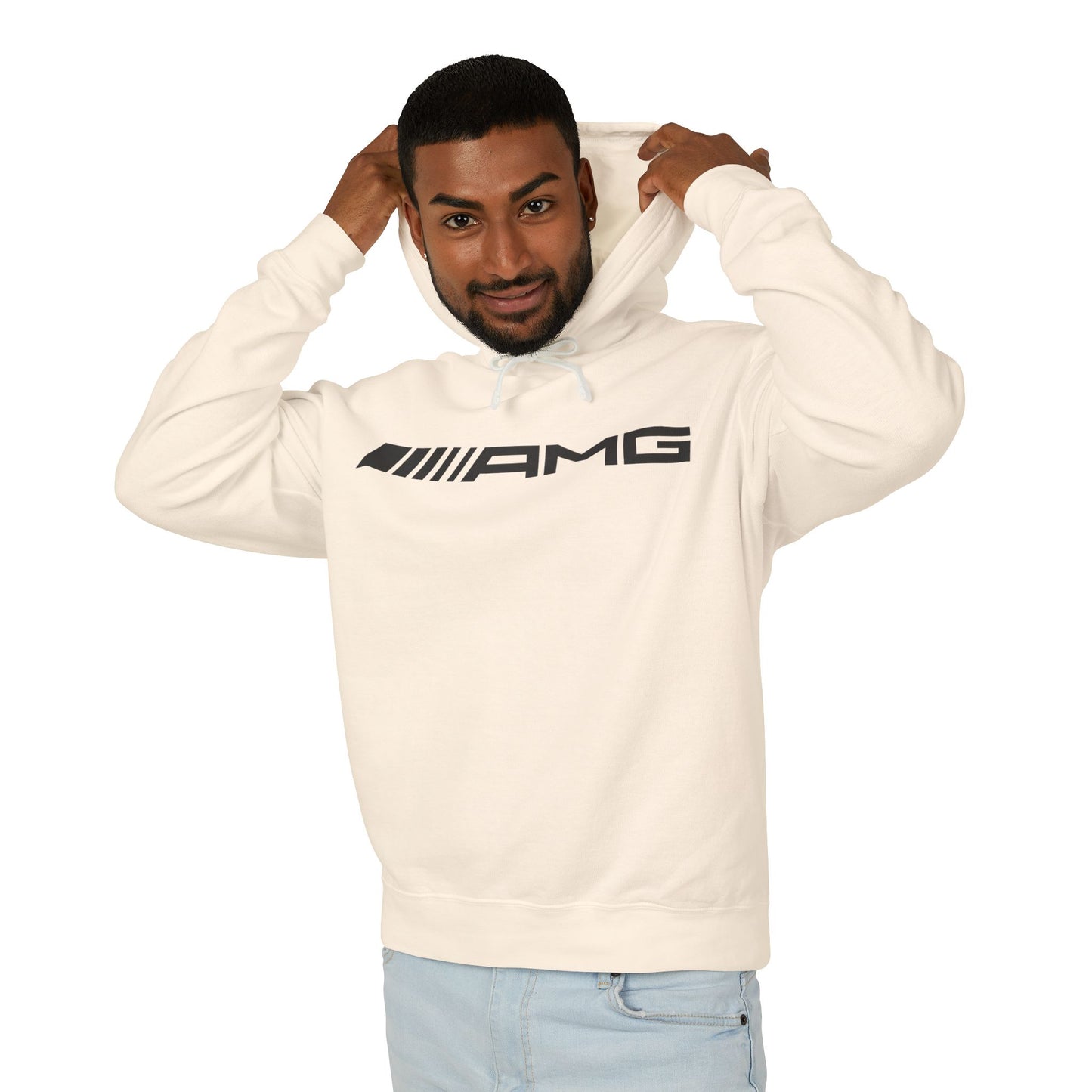 Model wearing a Cream Colored, or Ivory, hoodie with AMG logo in black on the front, featuring a natural-colored flatcord hood.