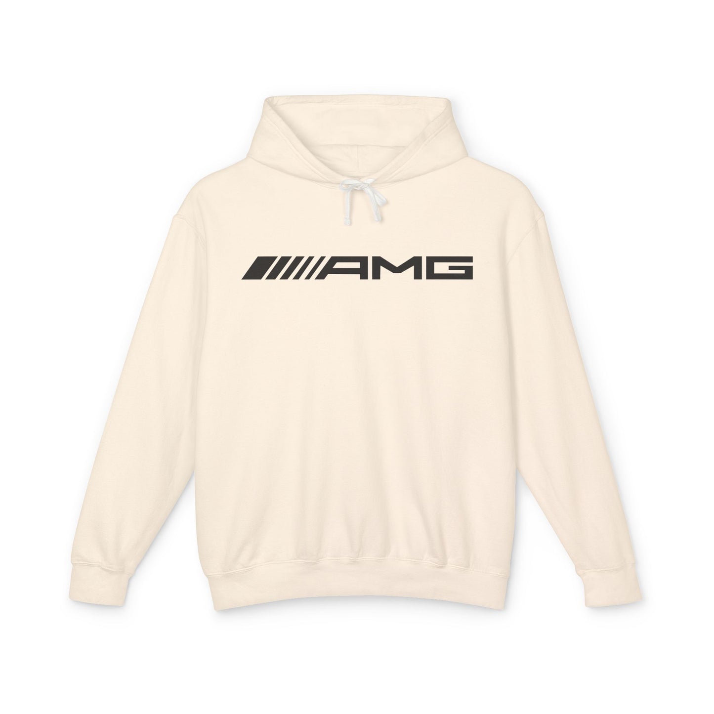 Cream Colored, or Ivory, hoodie with AMG logo in black on the front, featuring a natural-colored flatcord hood