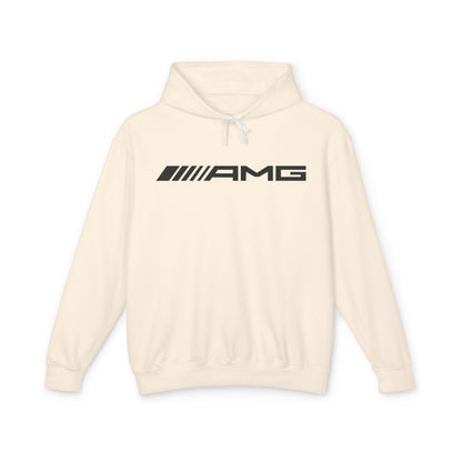 Cream Colored, or Ivory, hoodie with AMG logo in black on the front, featuring a natural-colored flatcord hood