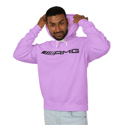 Model wearing a Neon Violet hoodie with AMG logo in black on the front, featuring a natural-colored flatcord hood.