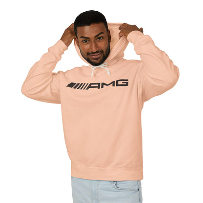 Model wearing a Peach colored hoodie with AMG logo in black on the front, featuring a natural-colored flatcord hood.
