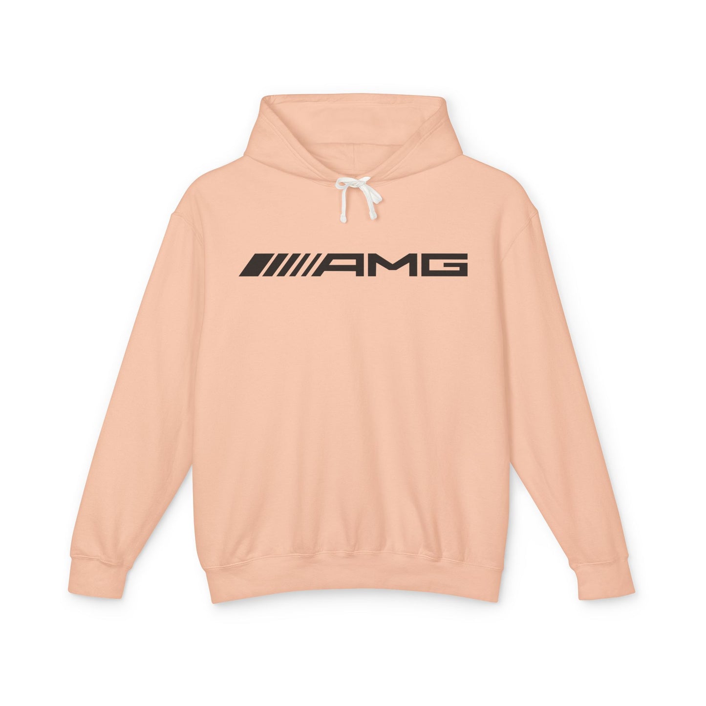 Peach colored hoodie with AMG logo in black on the front, featuring a natural-colored flatcord hood.
