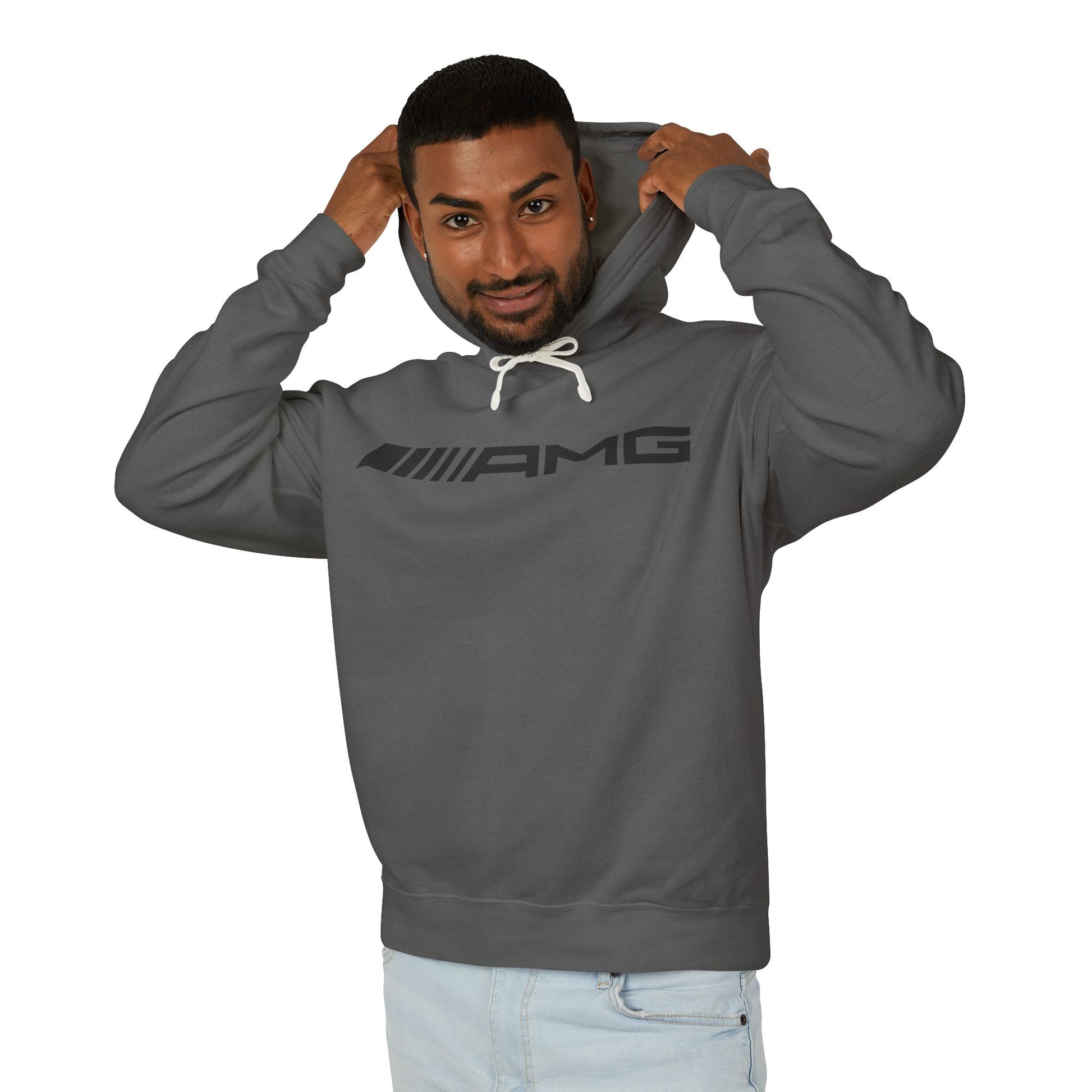 Model wearing a Dark Grey colored, or Pepper hoodie with AMG logo in black on the front, featuring a natural-colored flatcord hood.
