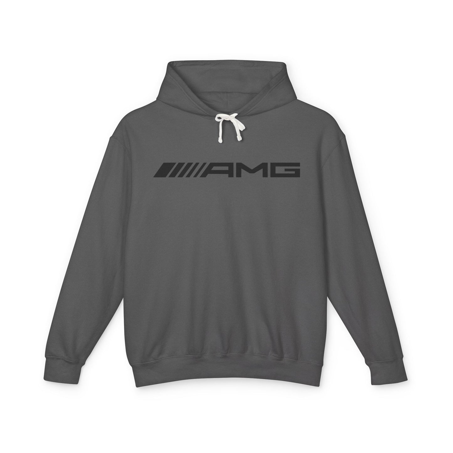 Dark Grey colored, or Pepper hoodie with AMG logo in black on the front, featuring a natural-colored flatcord hood.