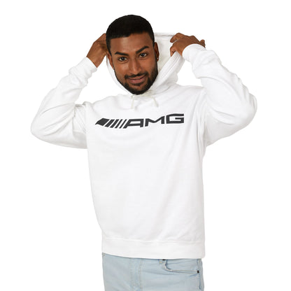 Model wearing a White hoodie with AMG logo in black on the front, featuring a natural-colored flatcord hood.
