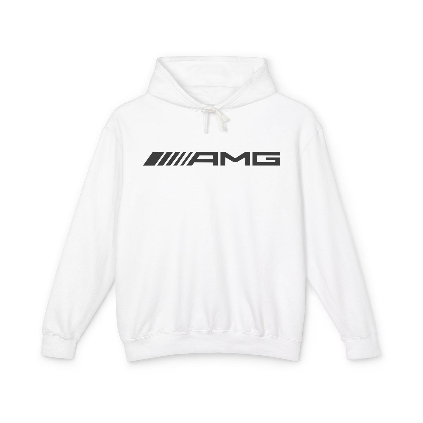 White hoodie with AMG logo in black on the front, featuring a natural-colored flatcord hood.