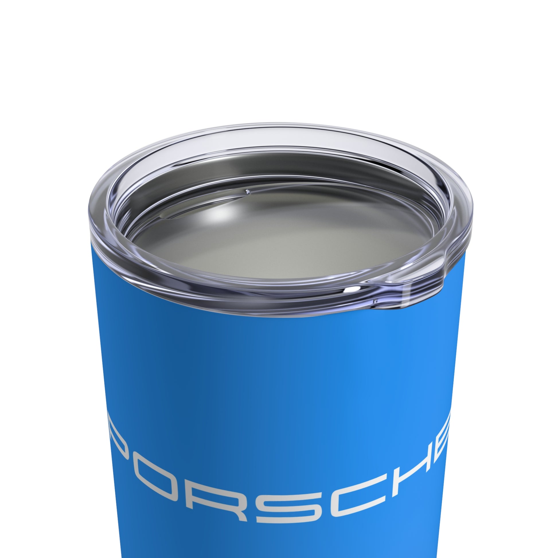 Close-up view of the Mexico Blue tumbler with Porsche logo in white, featuring a stainless steel interior and clear lid.