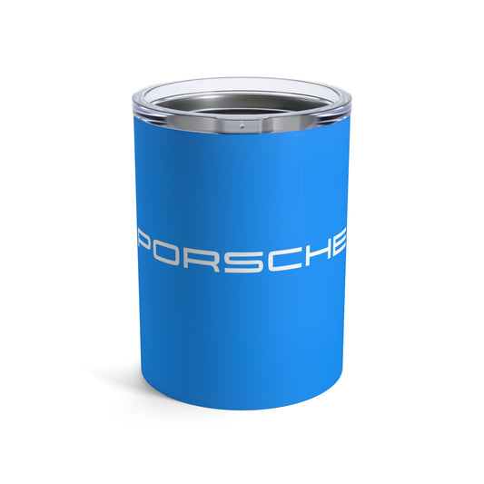 Front view of the Mexico Blue tumbler with Porsche logo in white, featuring a stainless steel interior and clear lid.