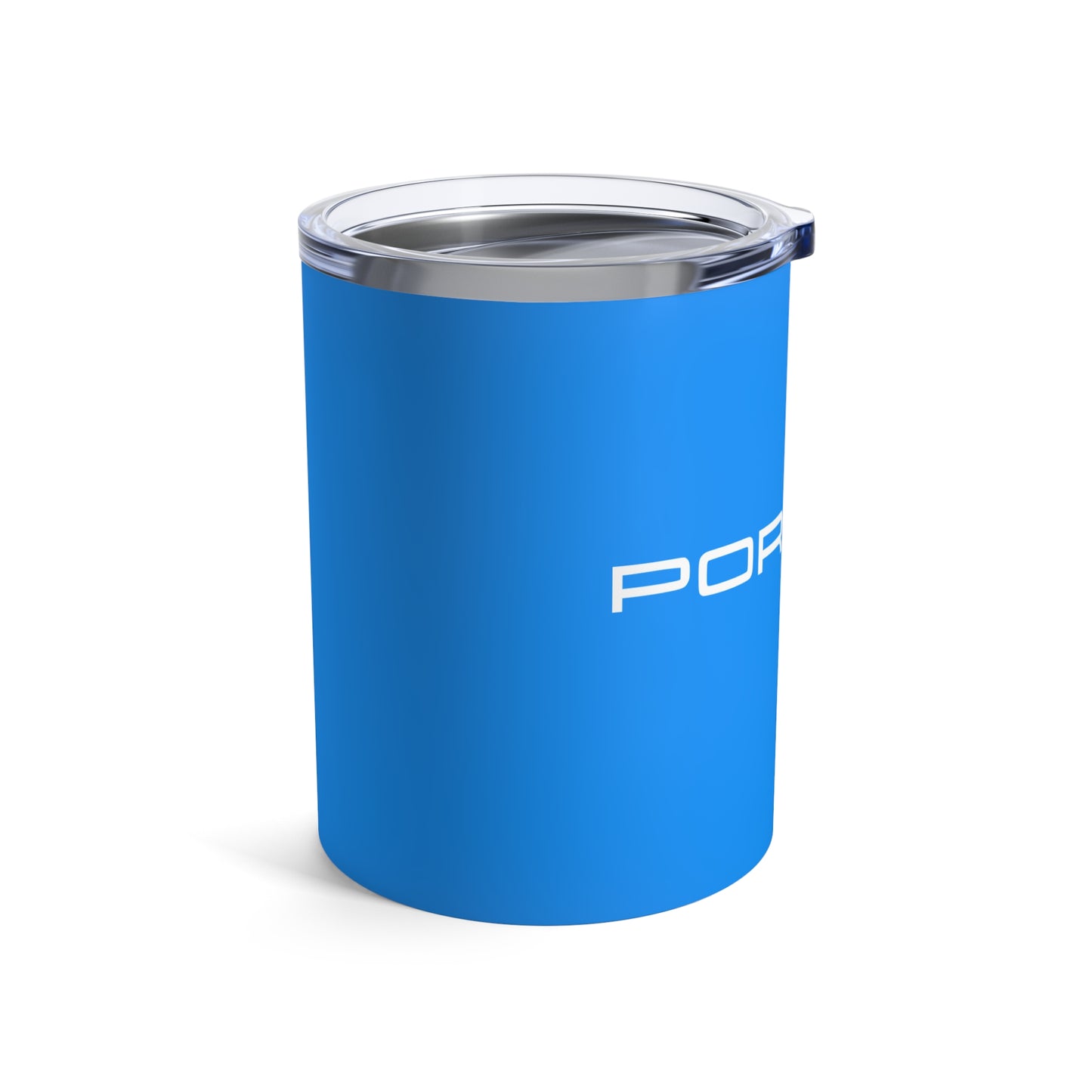 Left view of the Mexico Blue tumbler with Porsche logo in white, featuring a stainless steel interior and clear lid.