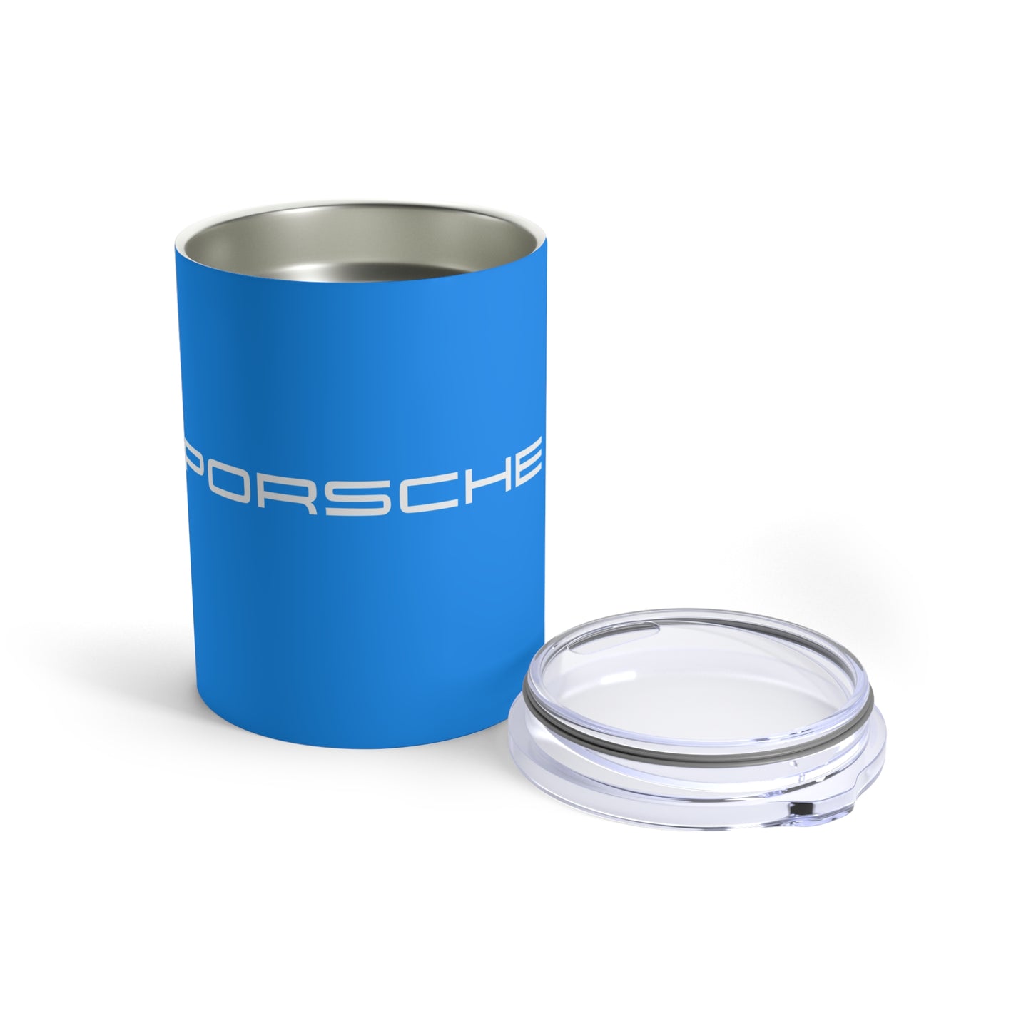 Opened view of the Mexico Blue tumbler with Porsche logo in white, featuring a stainless steel interior and clear lid.