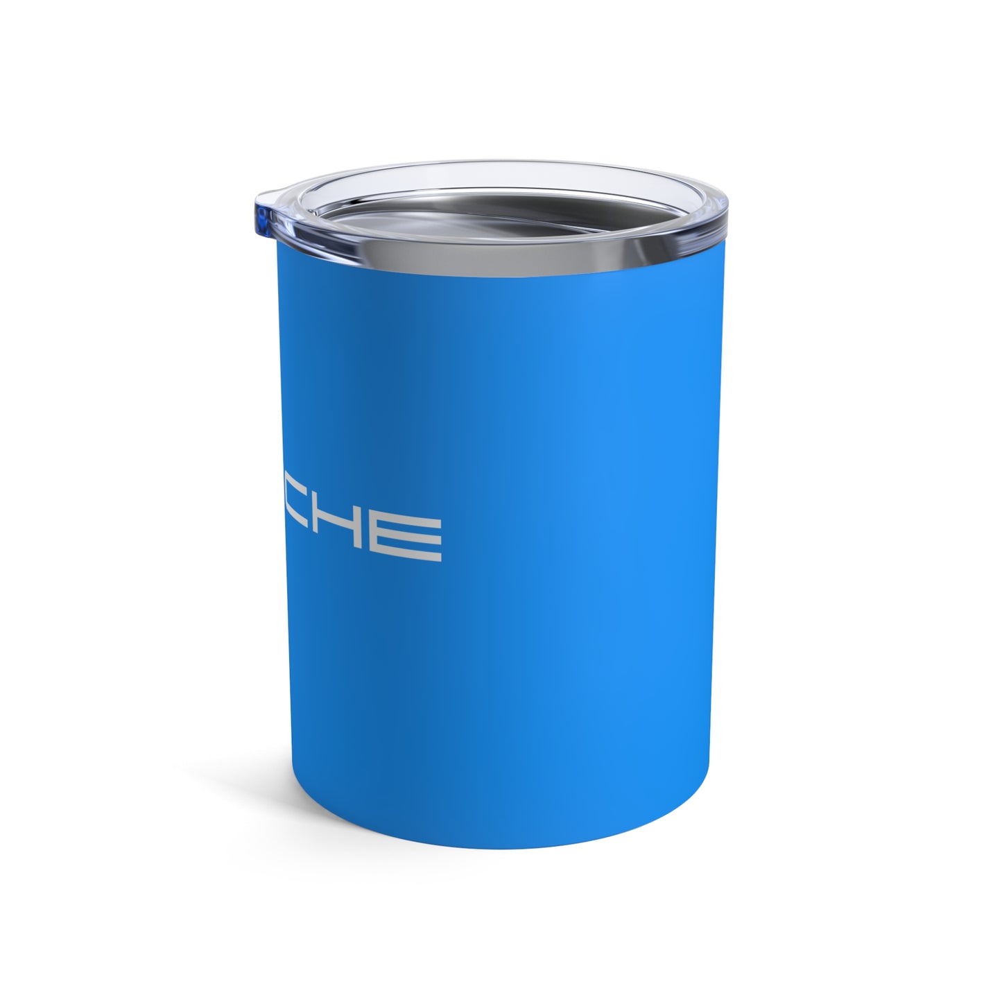 Right view of the Mexico Blue tumbler with Porsche logo in white, featuring a stainless steel interior and clear lid.